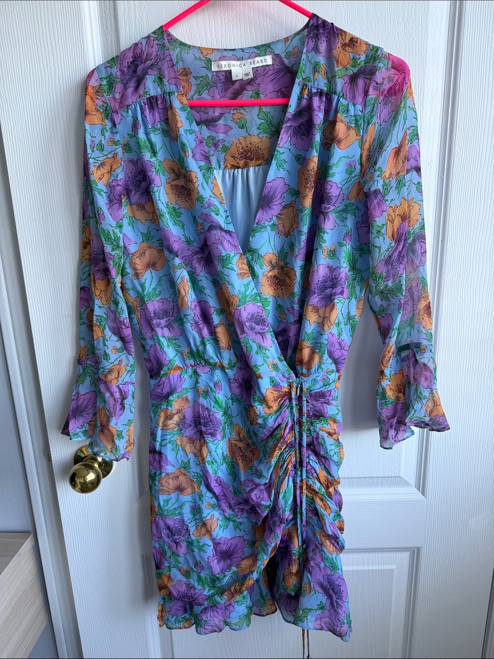 Veronica Beard Blue Floral Ruched Wrap Dress with Purple & Orange Flowers